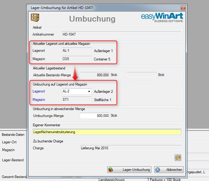Screenshot Lager Umbuchung
