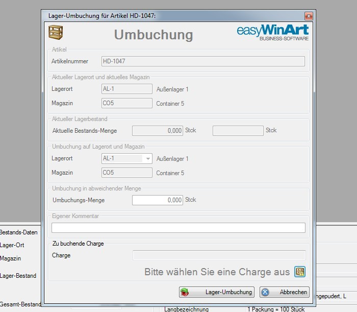 Screenshot Lager Umbuchung