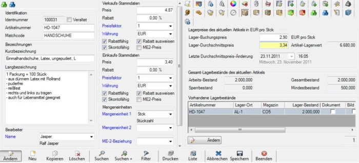 Screenshot Lager Durchschnittspreis