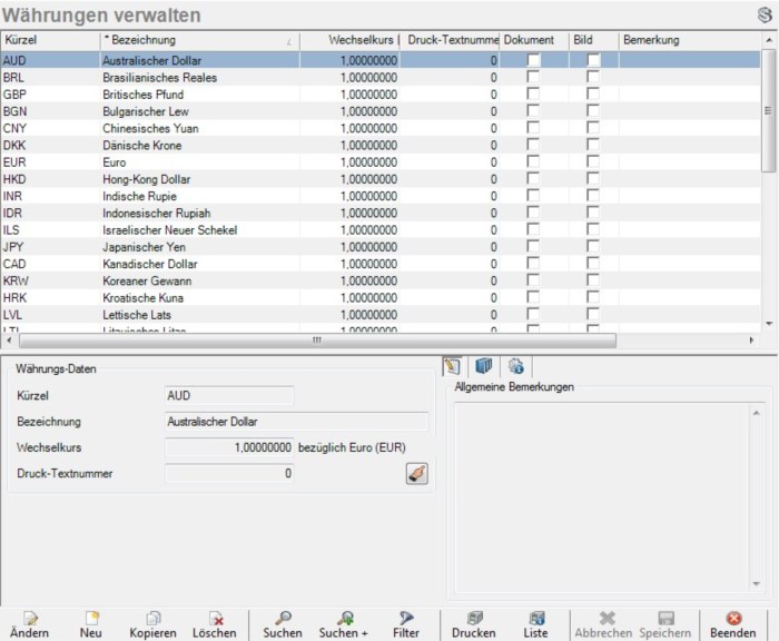 Screenshot Waehrungen Verwalten