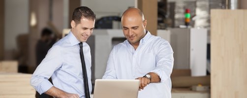 Ein Geschäftsmann führt einem Anderen eine Software an einem Notebook vor